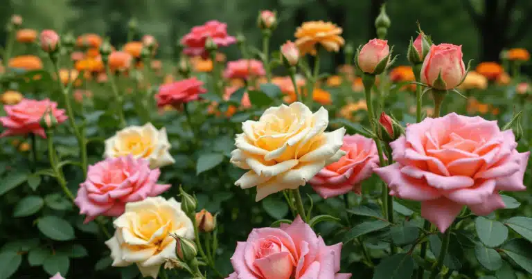 A vibrant rose bush in full bloom, illustrating proper rose bush care.