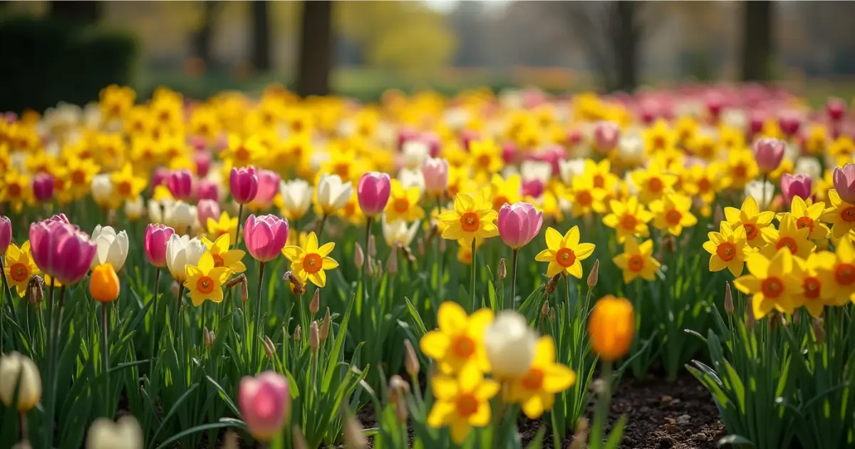 A vibrant garden filled with fast-growing flowering bulbs in full bloom, showcasing colorful tulips, daffodils, and hyacinths.