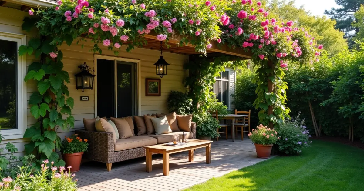 A lush vertical garden with flowering vines covering a wooden trellis.