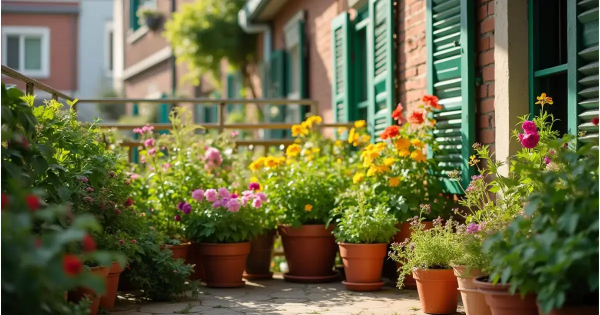 A balcony with colorful plants in container garden