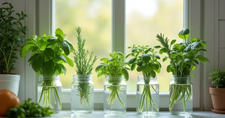 Fresh and healthy herbs you can grow in water, thriving in clear glass jars on a sunny kitchen windowsill, perfect for indoor gardening from home.