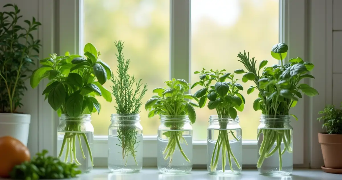 Fresh and healthy herbs you can grow in water, thriving in clear glass jars on a sunny kitchen windowsill, perfect for indoor gardening from home.
