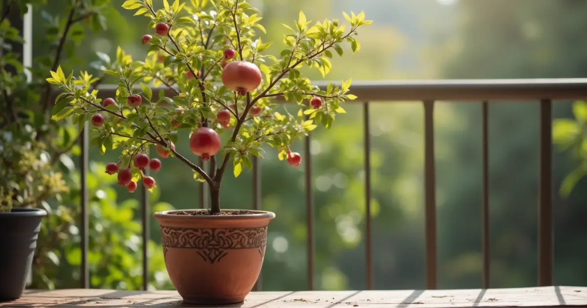 Pomegranates tree growing in a container with ripe fruits.