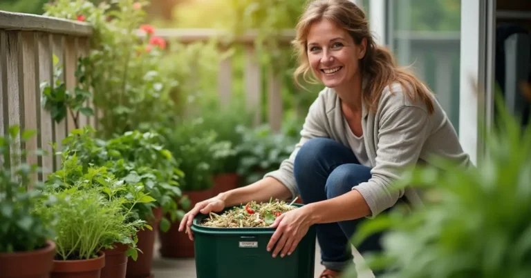 Home gardener with natural composting vegetable scraps on a balcony