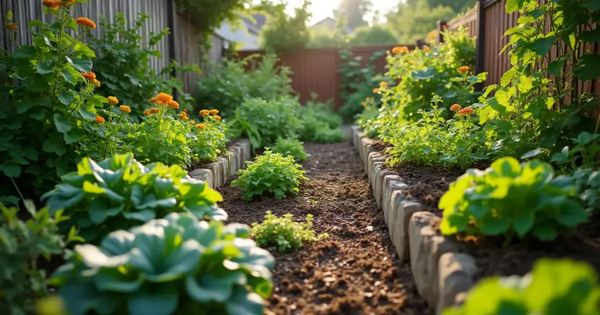 Backyard showing permaculture gardening with layered plants and compost