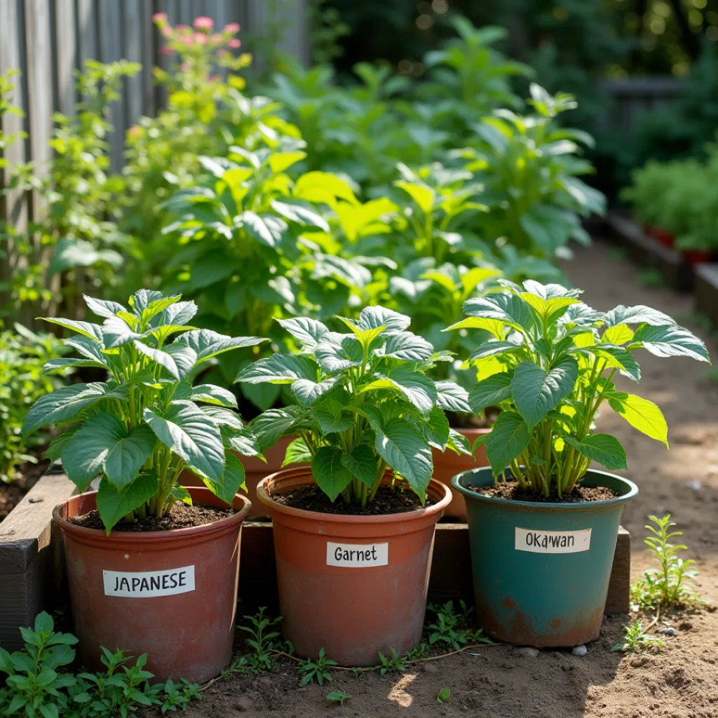Potted and raised-bed sweet potato plants with labeled variety tags