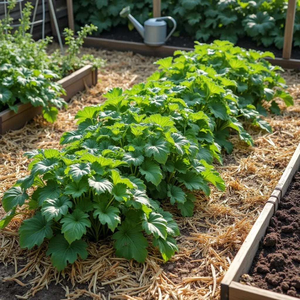 A gardener watering and mulching sweet potato vines in a raised bed