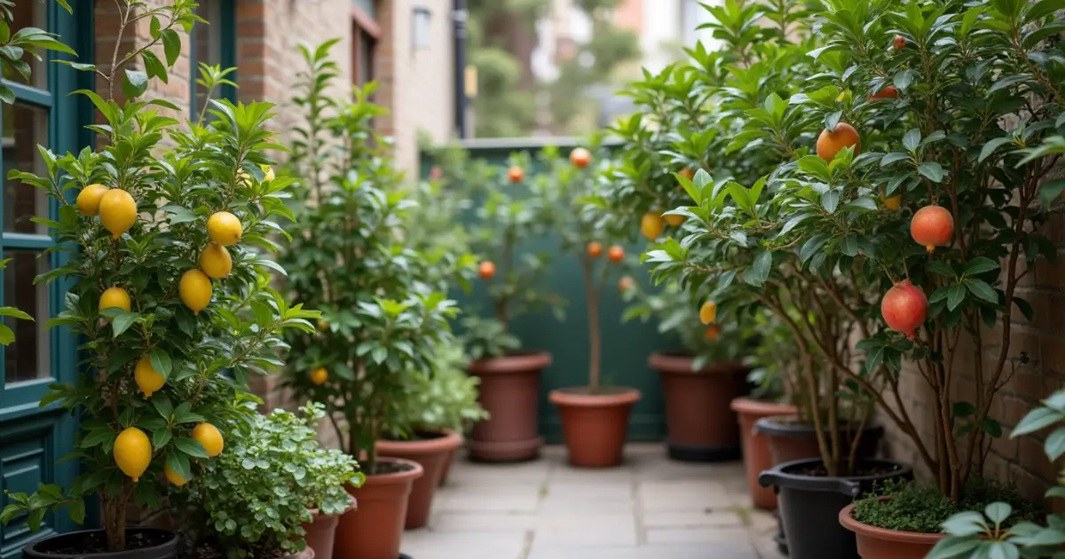 Trees You Can Grow in Pots displayed on a sunny balcony, including fruit, flowering, and evergreen varieties, creating a lush green space in a small area.