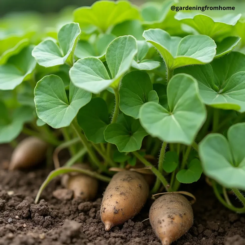 Home garden showing young plants and root formation for different types of sweet potatoes
